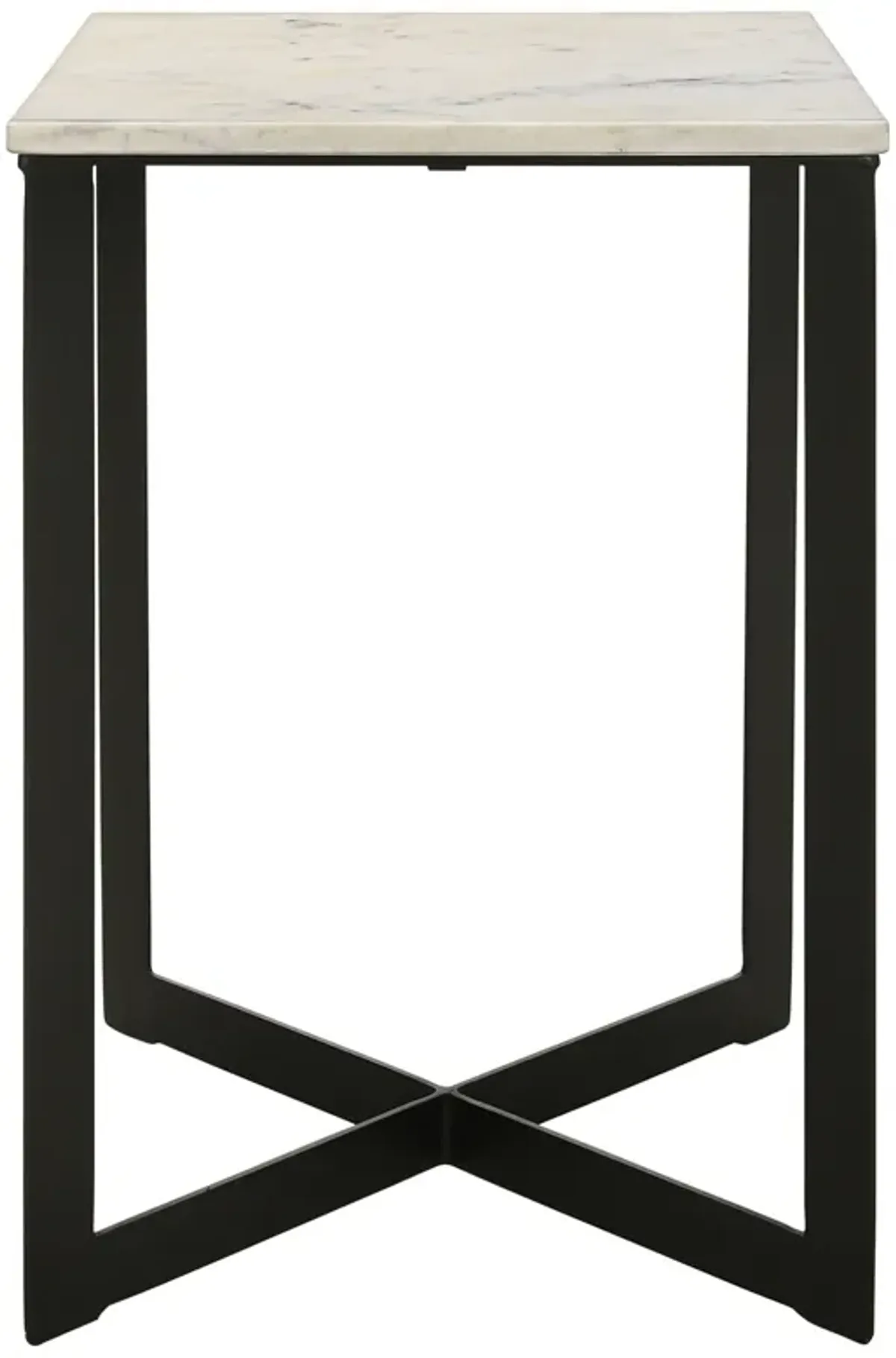 Sovi 24 Inch Side End Table, Square Marble Top, Black Metal Frame, White - Benzara