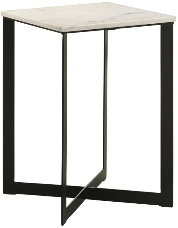 Sovi 24 Inch Side End Table, Square Marble Top, Black Metal Frame, White - Benzara