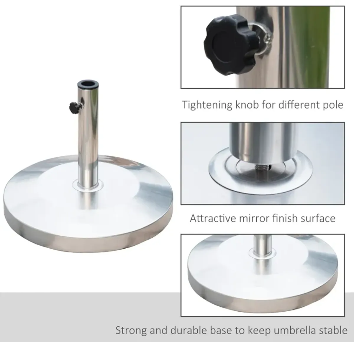 Stainless Steel Umbrella Stand: 55lb Round Base with Heavy Cement Bottom, Mirror Finish