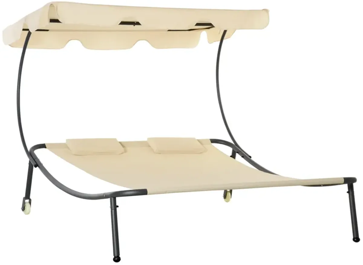 Beige Garden Lounger: Double Chaise with Adjustable Canopy