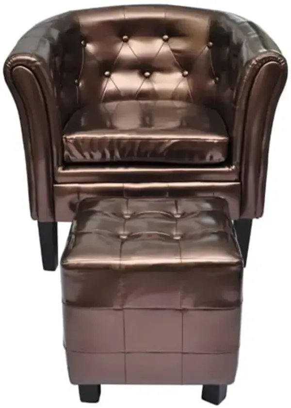 Tub Chair with Footstool Brown Faux Leather