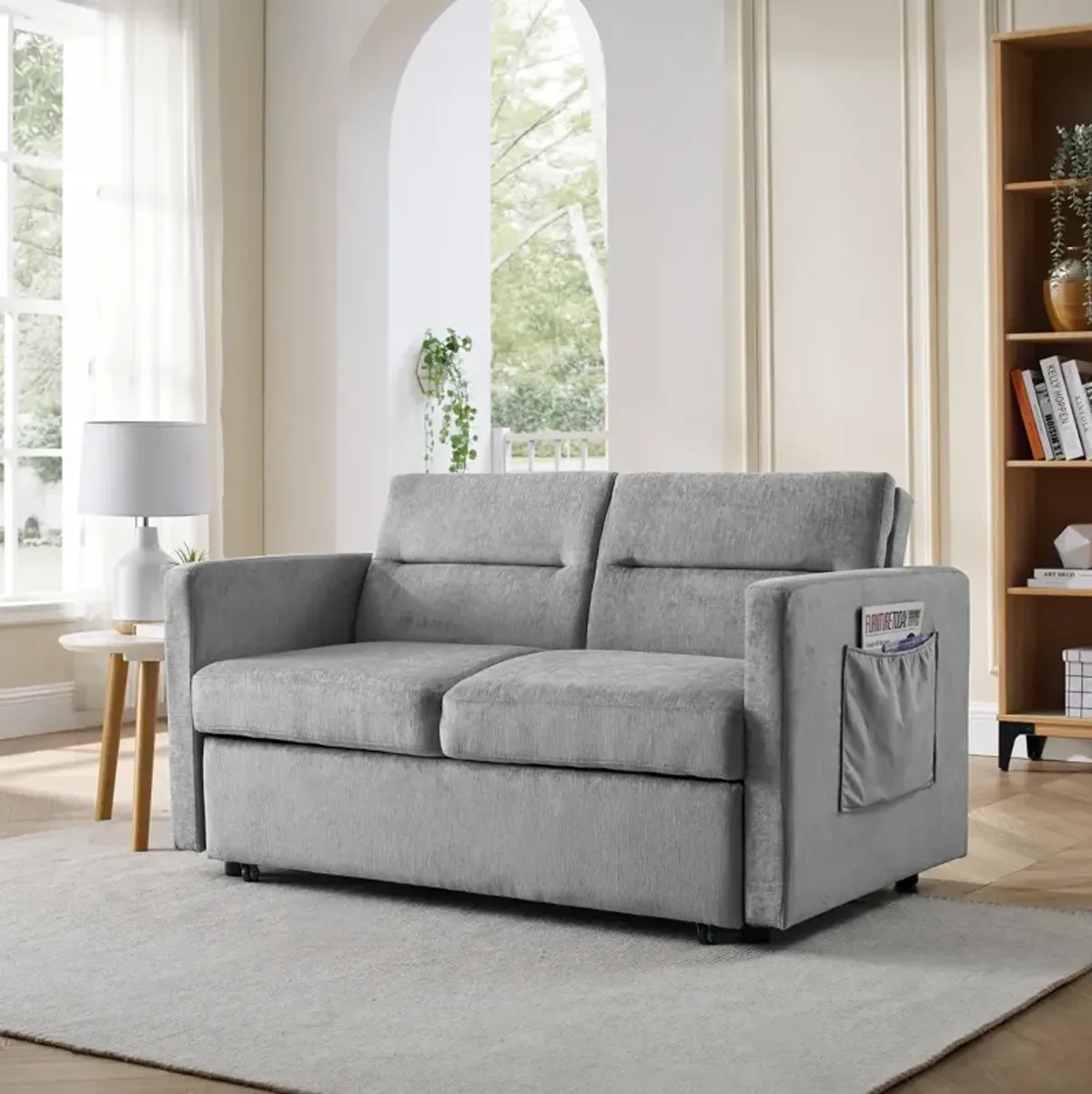 Loveseats Sofa Bed With Pull-Out Bed, Adjustable Back And Two Arm Pocket