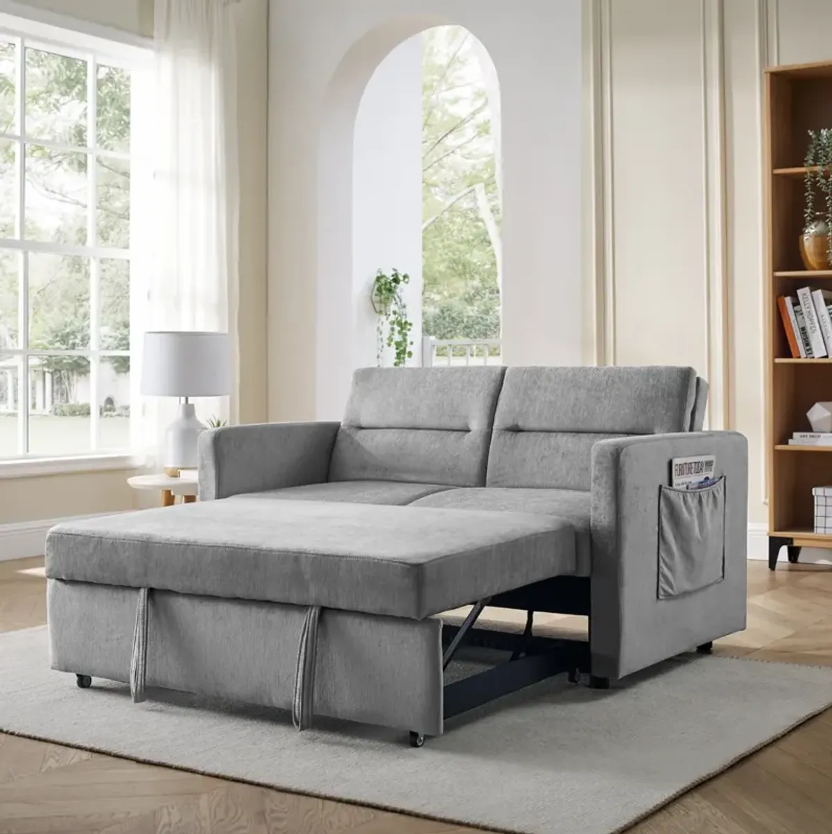 Loveseats Sofa Bed With Pull-Out Bed, Adjustable Back And Two Arm Pocket