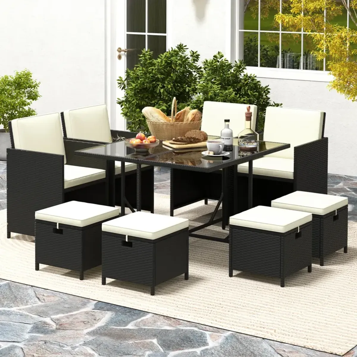 9 PCS Outdoor Dining Furniture Set with Tempered Glass Table and Ottomans-White