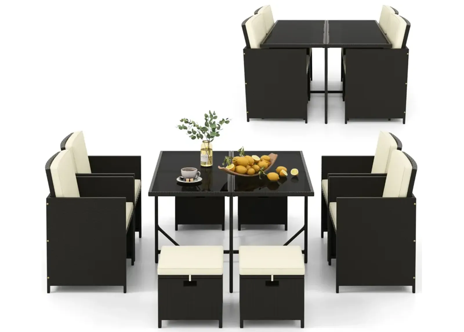 9 PCS Outdoor Dining Furniture Set with Tempered Glass Table and Ottomans-White