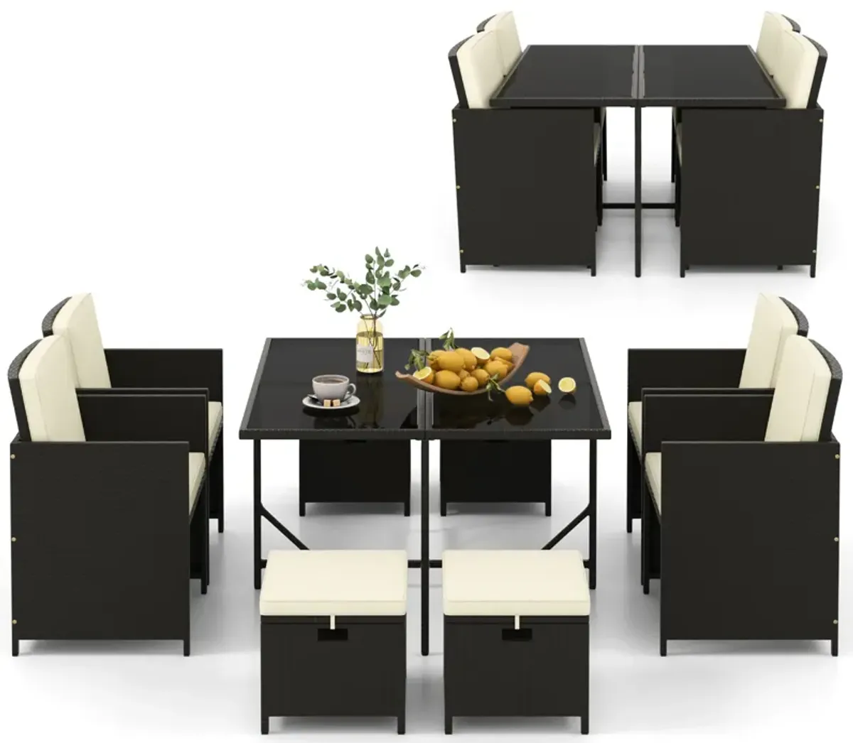 9 PCS Outdoor Dining Furniture Set with Tempered Glass Table and Ottomans-White