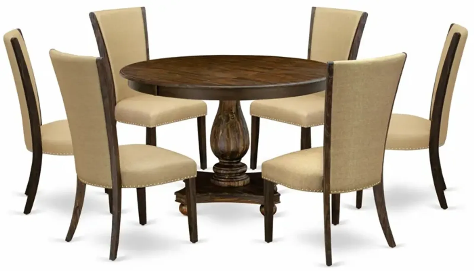 East West Furniture F2VE7-703 7Pc Dining Set - Round Table and 6 Parson Chairs - Distressed Jacobean Color