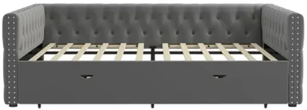 Tufted Upholstered Daybed with Trundle, Square Arms with Button & Nailhead Details