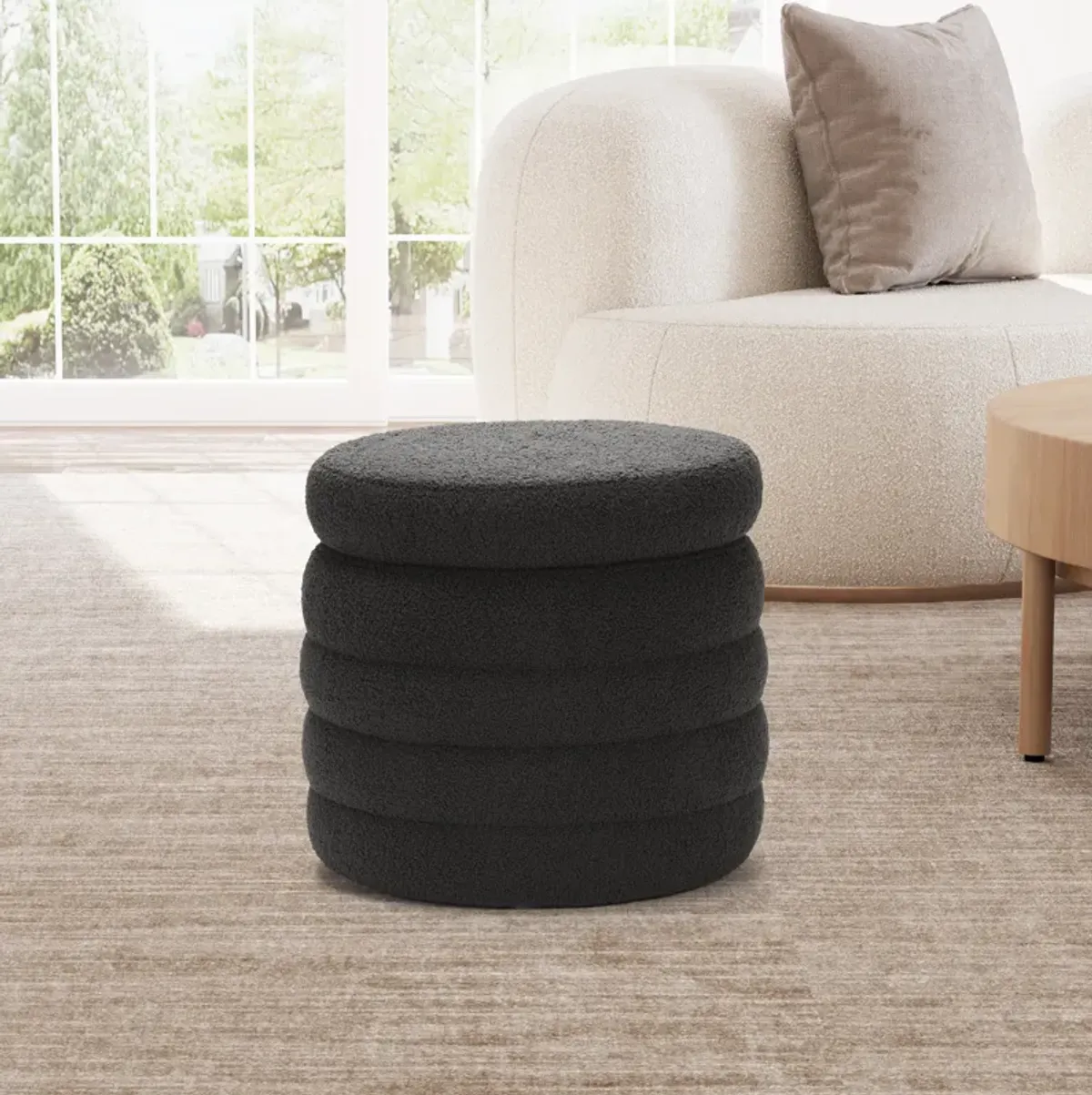 WestinTrends Mid-Century Modern Faux Sherpa Round Storage Ottoman