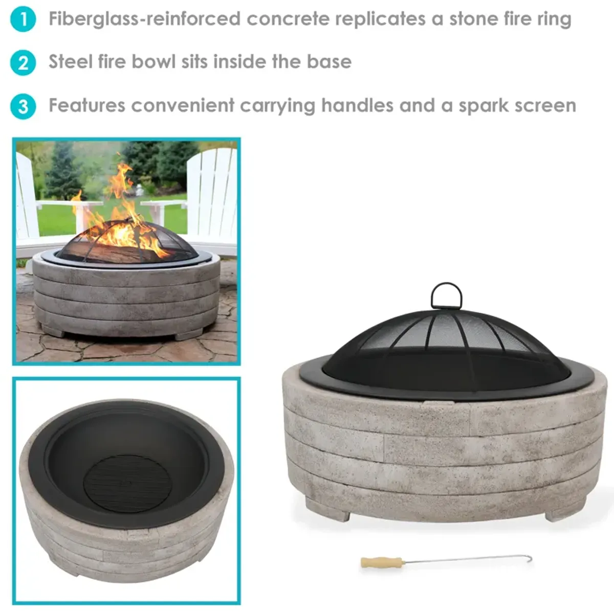 Sunnydaze 35 in Faux Stone Fire Pit with Handles and Spark Screen