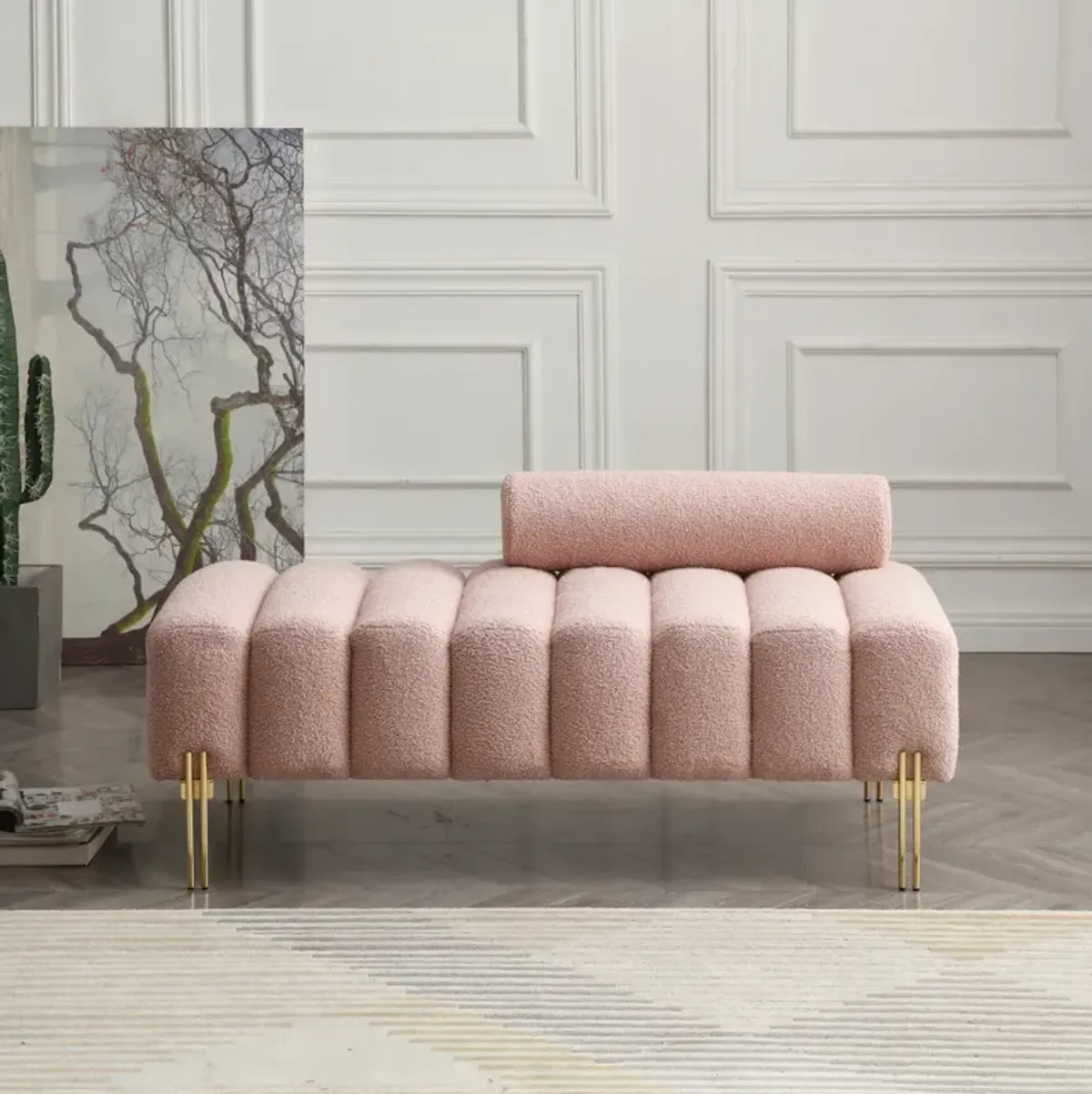 53" Sherpa upholstered 2-seater bench with gold legs