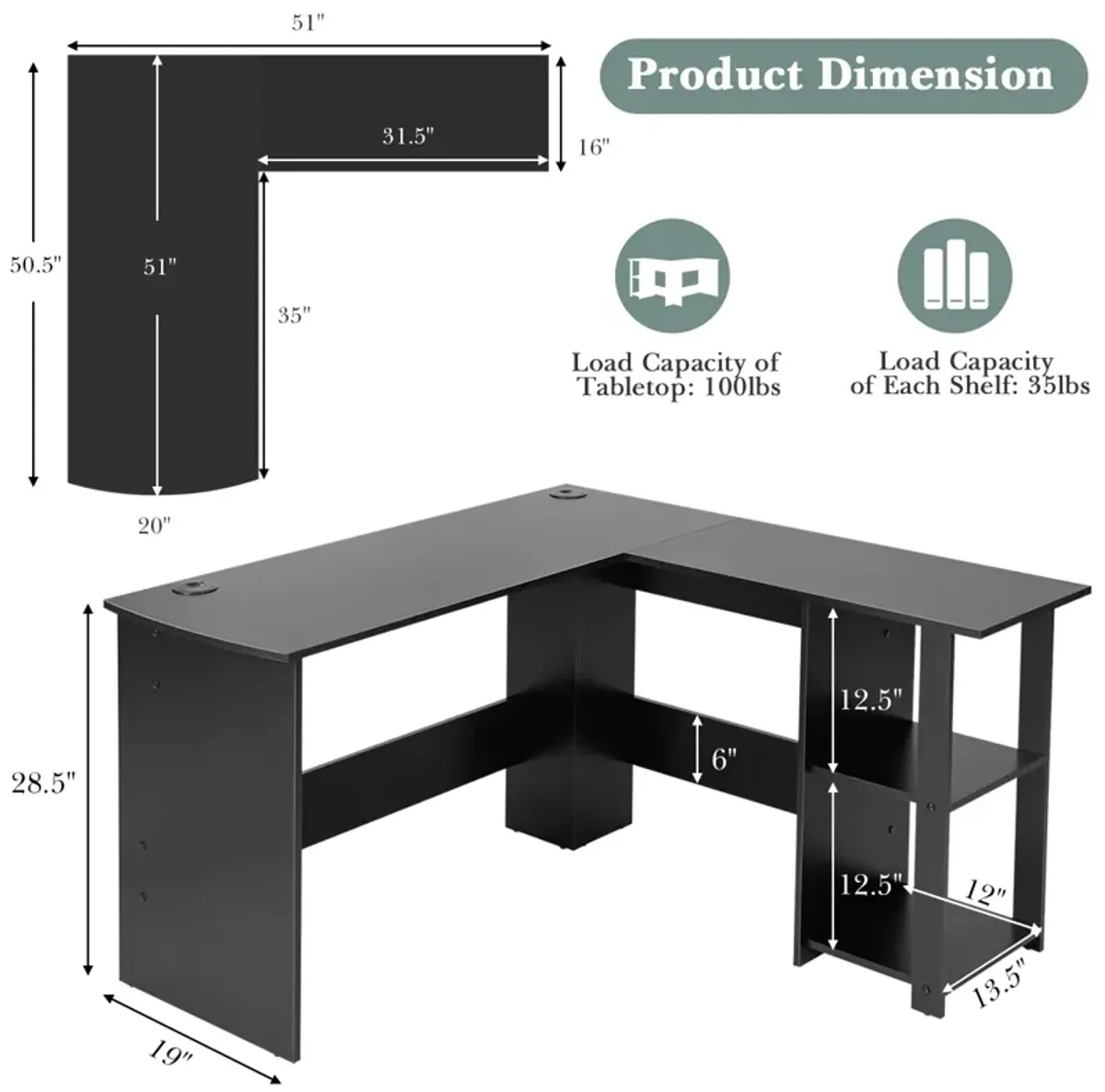 Costway L-Shaped Computer Desk, Corner Desk for Small Space, Home Office Writing Desk Laptop Workstation with 2-Tier Open Shelf