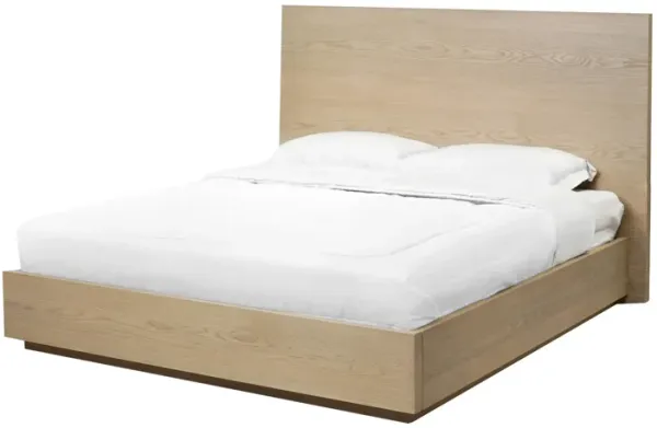 Aziel Queen Platform Bed, Panel Headboard, Mitered Edges, White Oak Brown - Benzara