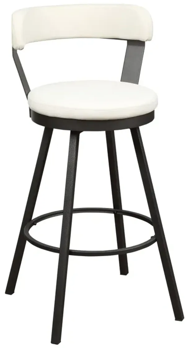 31 Inch Swivel Bar Stool, White Faux Leather, Dark Gray, Metal, Set of 2-Benzara