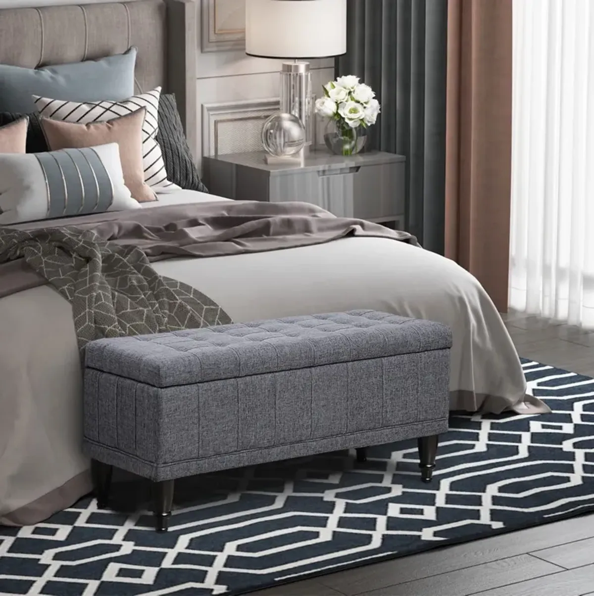 Plush Hidden Storage: Dark Gray Tufted Ottoman Bench with Soft Close