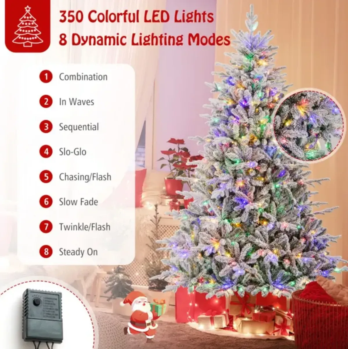 Flocked Christmas Tree with 8 Lighting Modes and Multi-Color LED Lights