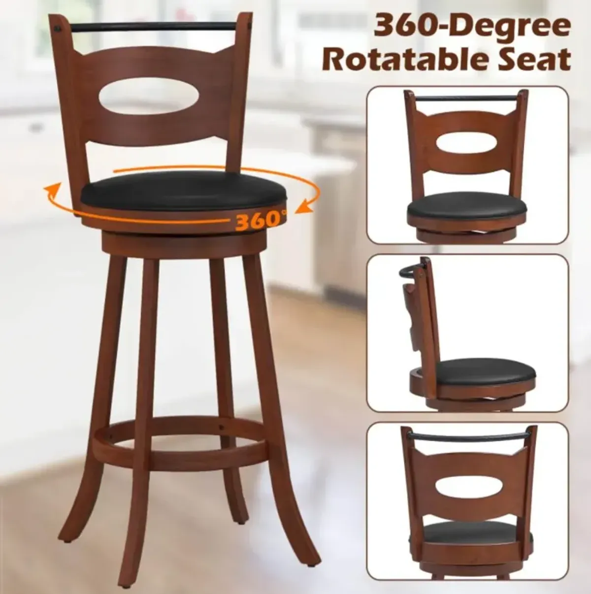 Hivvago 2 Pieces 24/29 inch Swivel Bar Stools with Curved Backrest and Seat Cushions