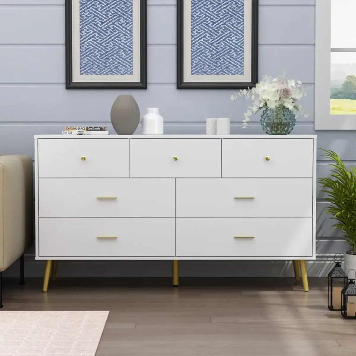 7-Drawer White Chest of Drawers, 31.5 in H-55.9 in W-15.7 in D