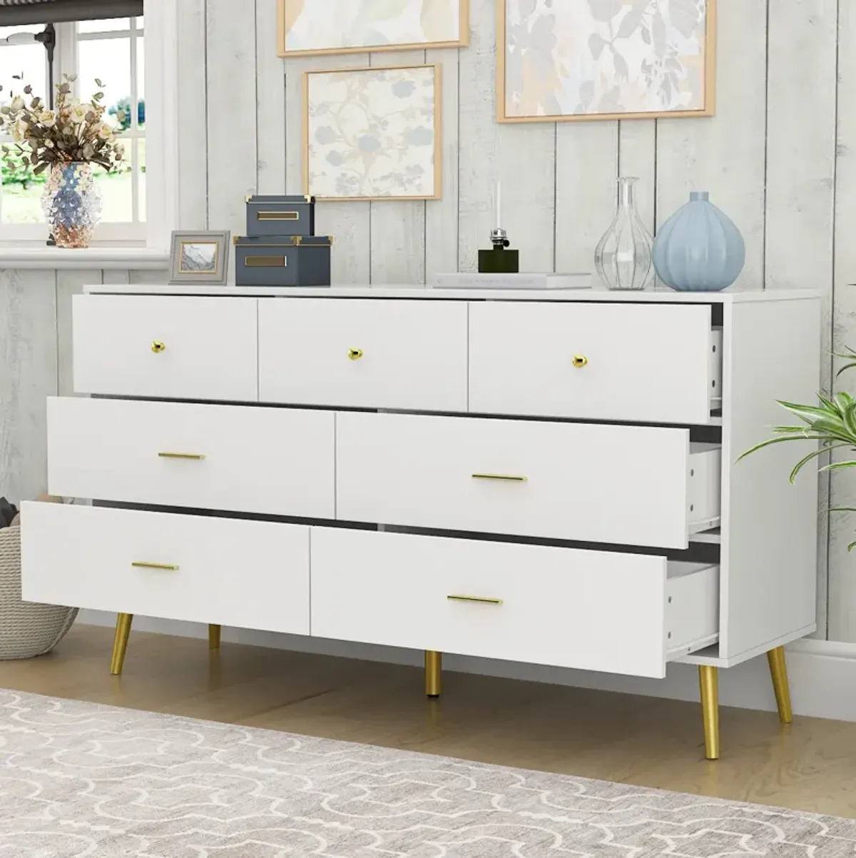 7-Drawer White Chest of Drawers, 31.5 in H-55.9 in W-15.7 in D