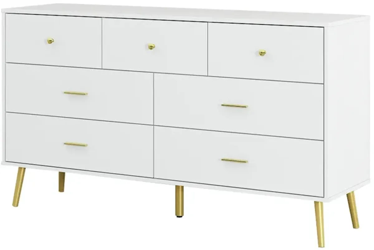 7-Drawer White Chest of Drawers, 31.5 in H-55.9 in W-15.7 in D