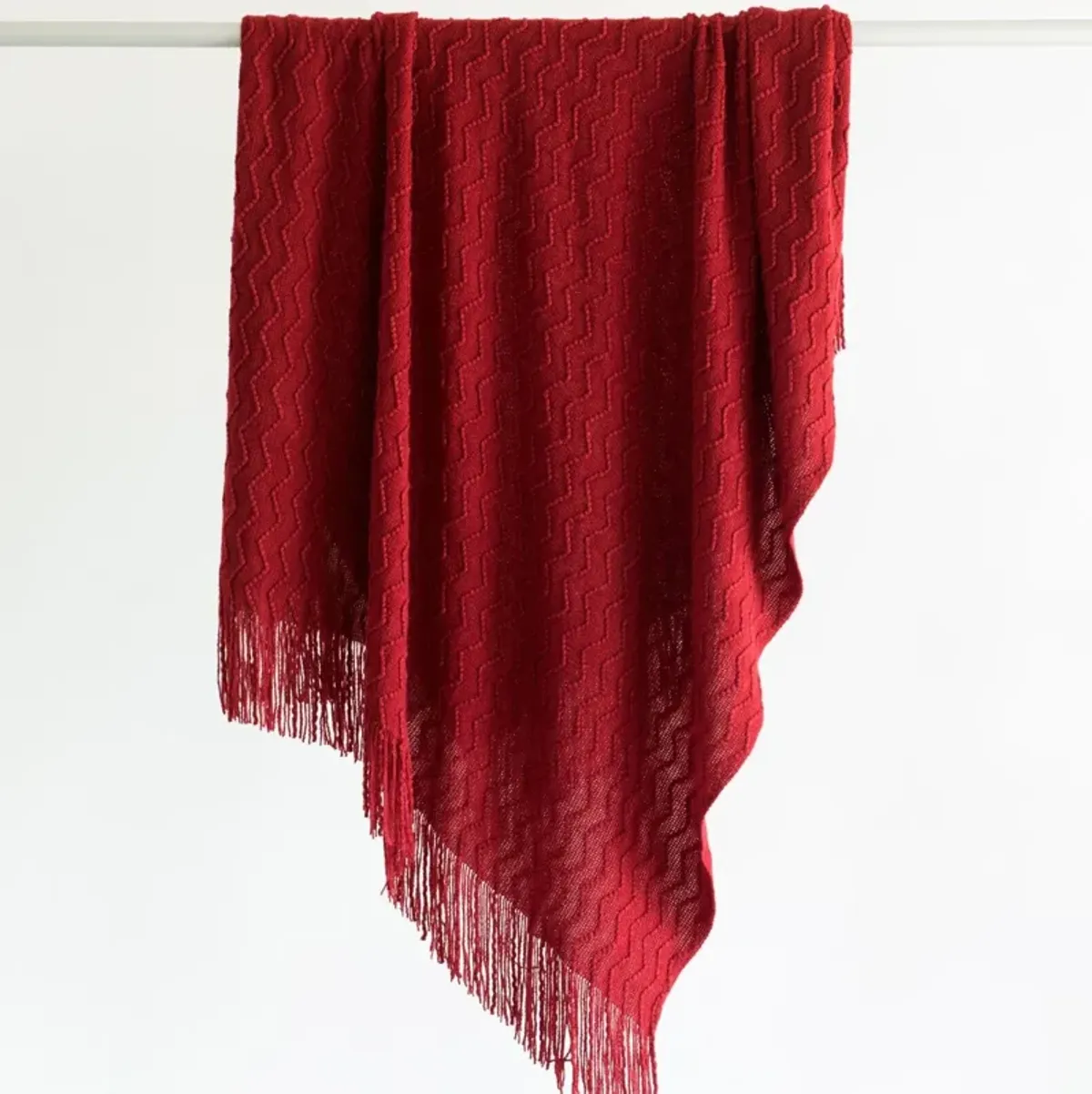 Decorative Chevron Pattern Knit Throw Blanket, 50x60 in, Made with Premium Yarns, Finished with Chic Fringe Details - Red, Lightweight, Breathable, Easy Care