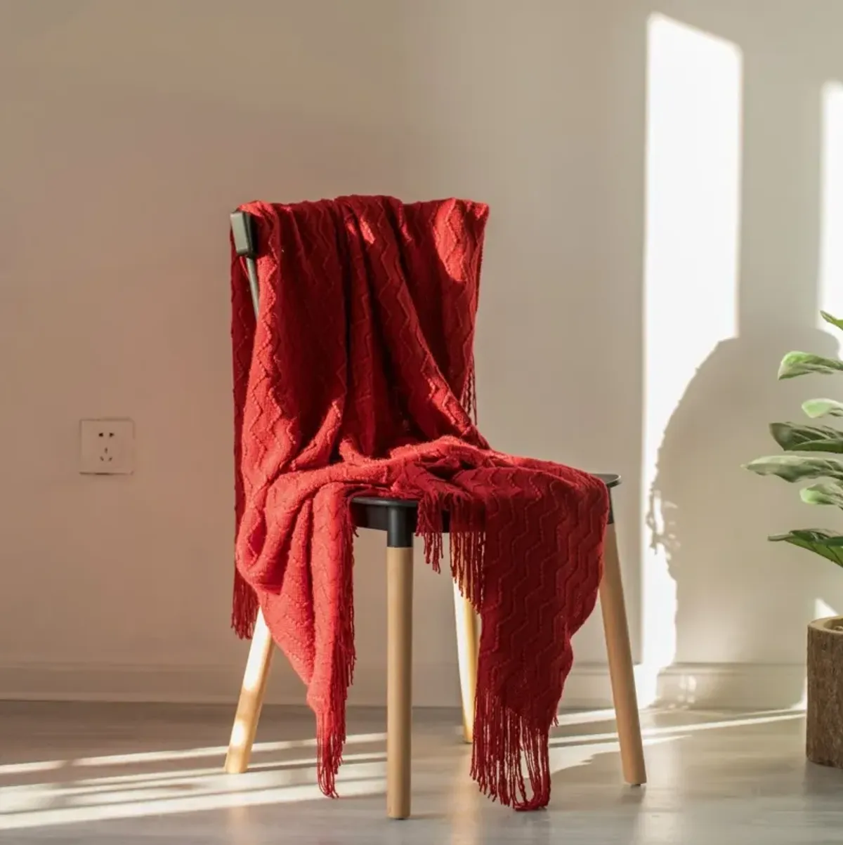 Decorative Chevron Pattern Knit Throw Blanket, 50x60 in, Made with Premium Yarns, Finished with Chic Fringe Details - Red, Lightweight, Breathable, Easy Care