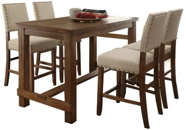 Modern Counter Height Dining Table Set with 4 Matching Chairs, Brown - Benzara