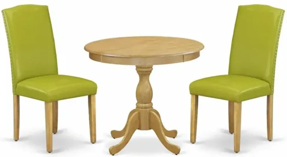 AMEN3-OAK-51 3 Piece Wooden Dining Table Set - 1 Pedestal Table and 2 Autumn Green Parsons Chair - Oak Finish