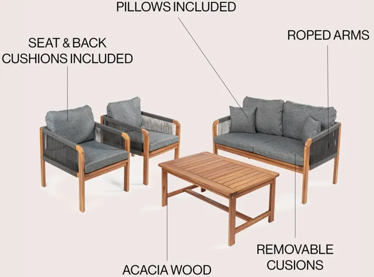 Tavira 4-Piece Modern Bohemian Acacia Wood Outdoor Patio Set with Cushions and Plain Decorative Pillows