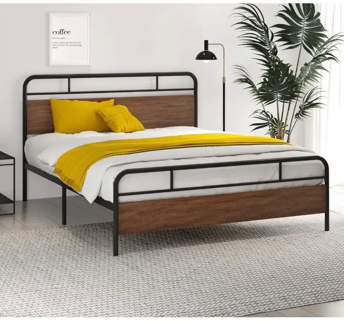 QuikFurn Full Size Industrial Metal Wood Platform Bed Frame with Headboard and Footboard