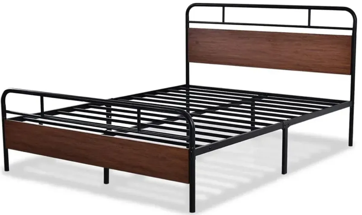 QuikFurn Full Size Industrial Metal Wood Platform Bed Frame with Headboard and Footboard