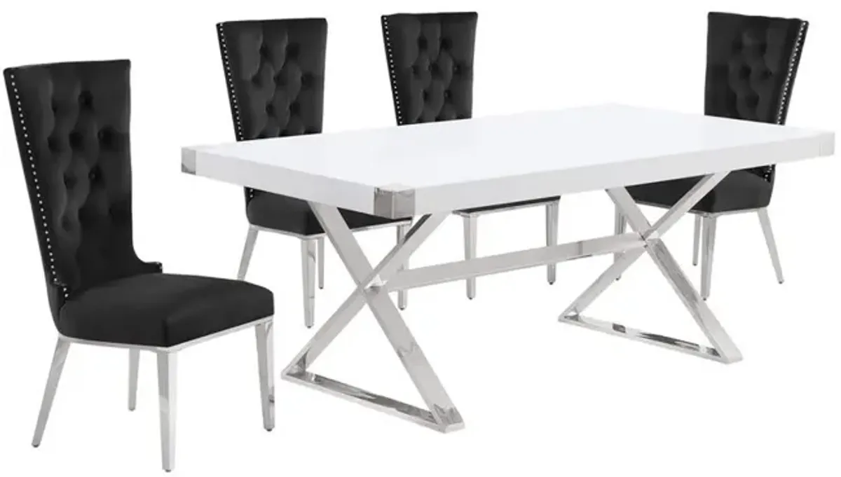 Best Quality Furniture 5pc Small(78) white wood top dining set with silver base and 4 chairs