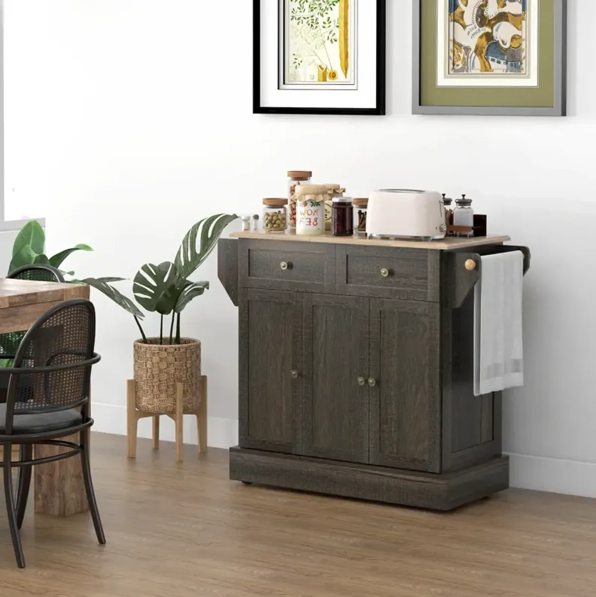 Kitchen Island with Rubber Wood Top Rolling Kitchen Serving Cart Brown