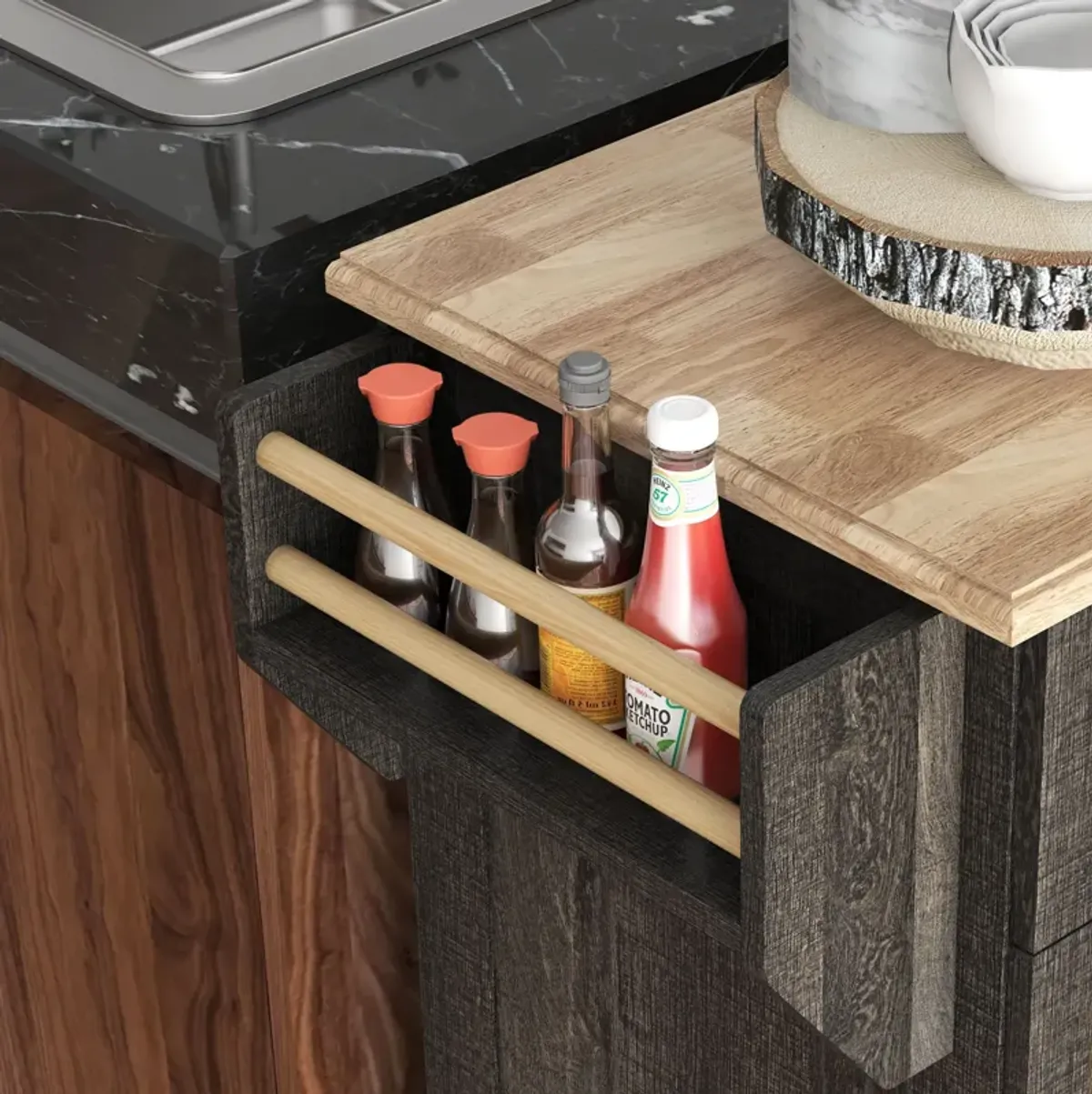 Kitchen Island with Rubber Wood Top Rolling Kitchen Serving Cart Brown