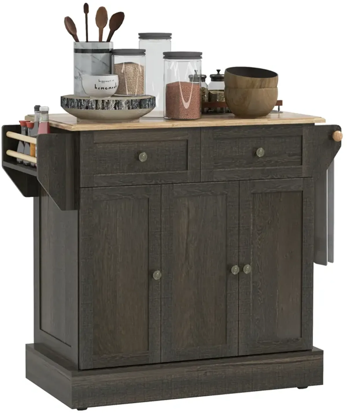 Kitchen Island with Rubber Wood Top Rolling Kitchen Serving Cart Brown