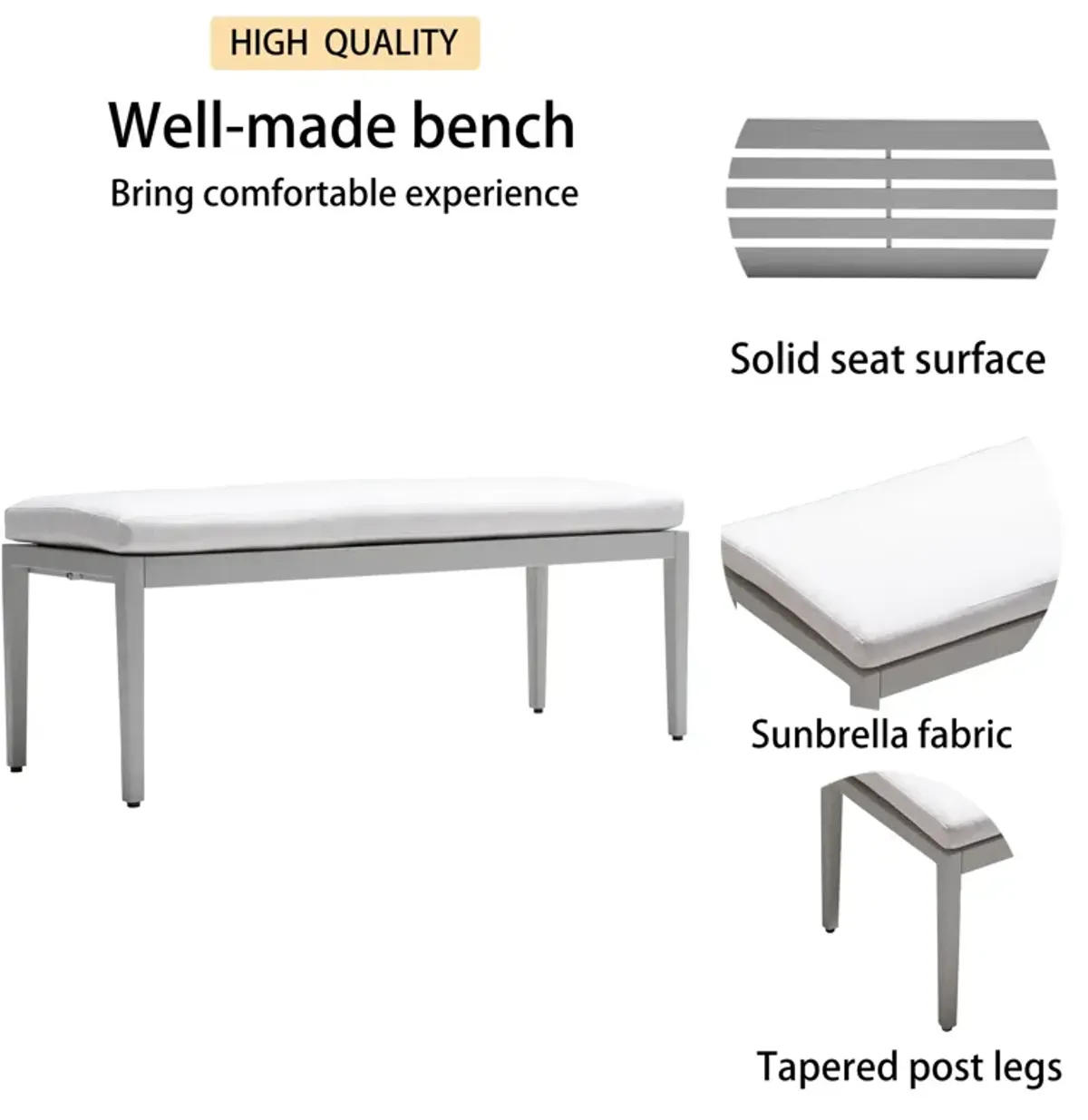 MONDAWE Outdoor Patio Aluminum Stationary Bench With Sunbrella Fabric Cushion , Grayish