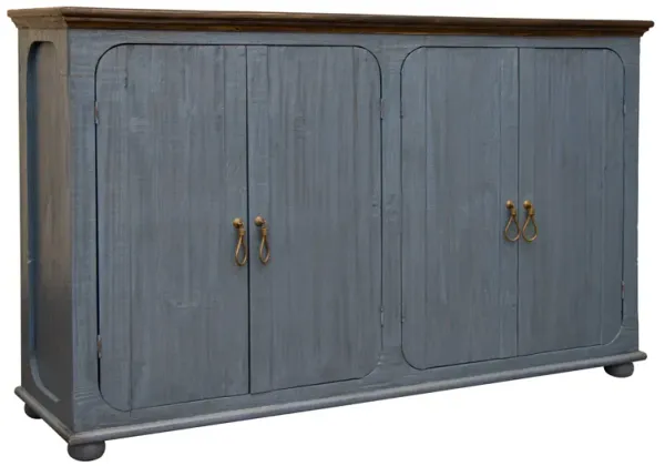 Bael 72 Inch Sideboard Console Table, 4 Door Shelves, Blue Pine Wood - Benzara