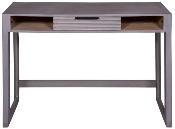 44 Inch Mango Wood Desk Minimalistic Entryway Console Table, Single Drawer, Textured Groove Lines, Gray-Benzara