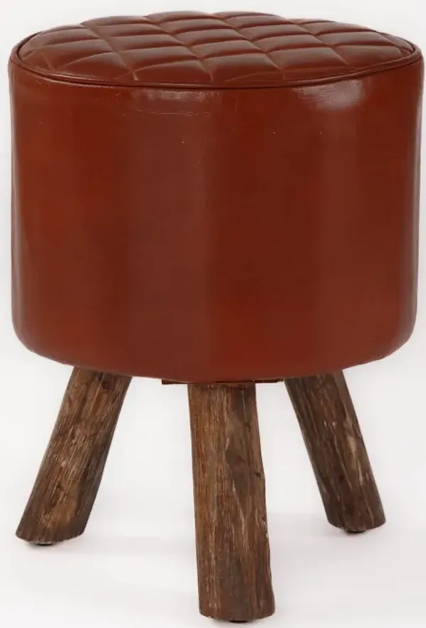 Handmade Eco-Friendly Geometric Buffalo Leather & Wood Black Round Ottomon Stool 18"X14"x14" From BBH Homes