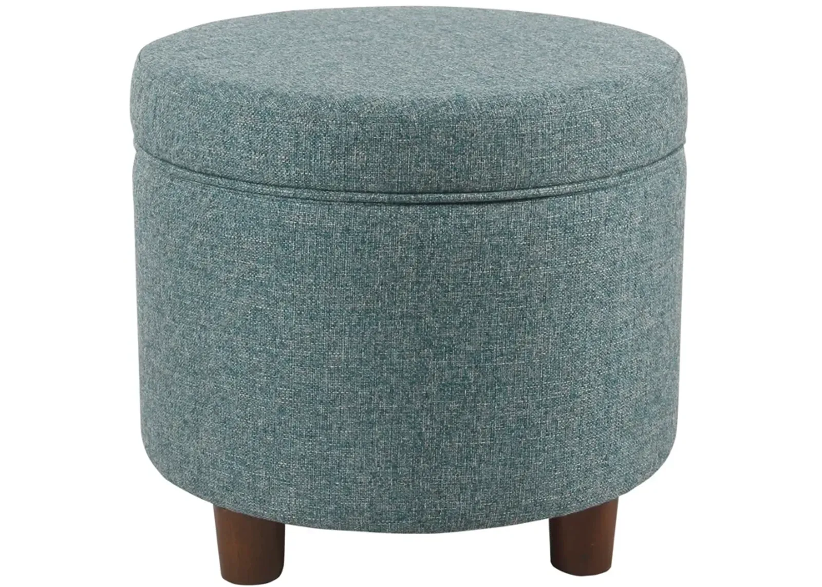 Fabric Upholstered Round Wooden Ottoman with Lift Off Lid Storage, Teal Blue - Benzara