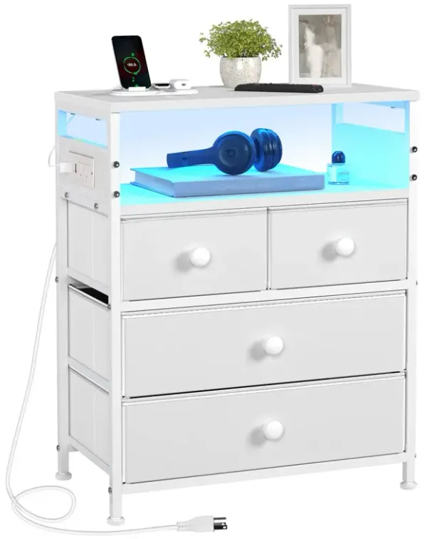 REAHOME Nightstand with Charging Station, Bedside Table with 4 Drawers and 2-Tier Shelf, Modern End Table with Wooden Top for Be