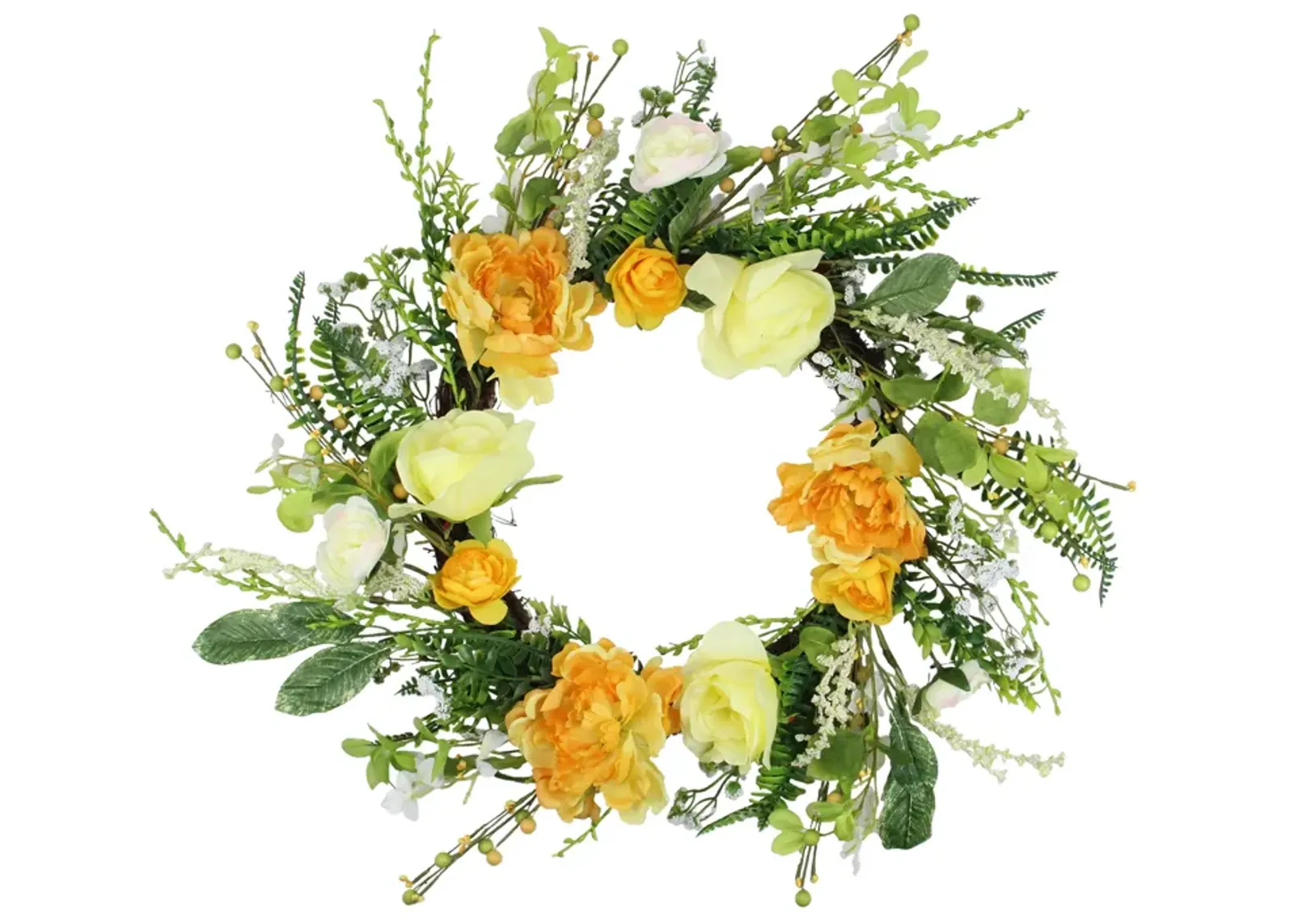 Hydrangea and Rose Artificial Floral Wreath  Yellow 24-Inch