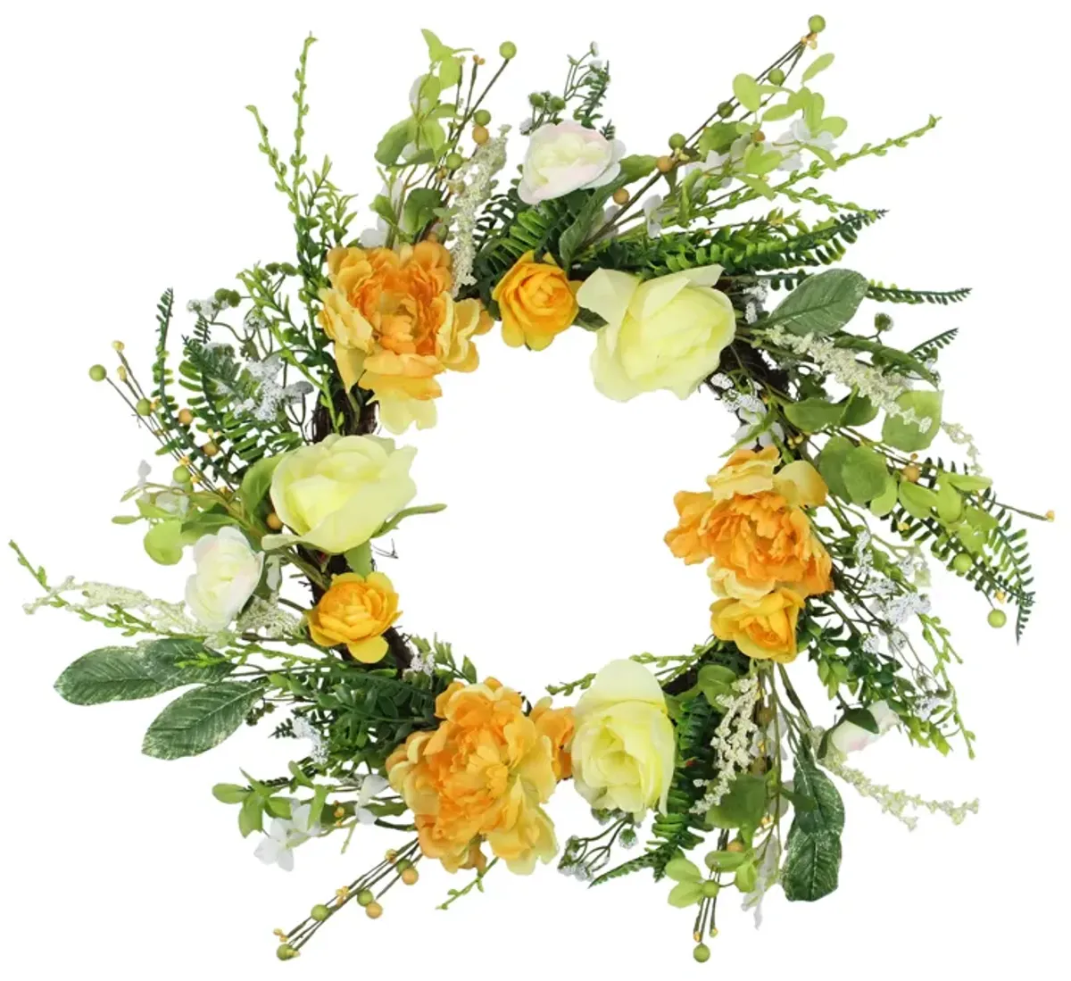 Hydrangea and Rose Artificial Floral Wreath  Yellow 24-Inch