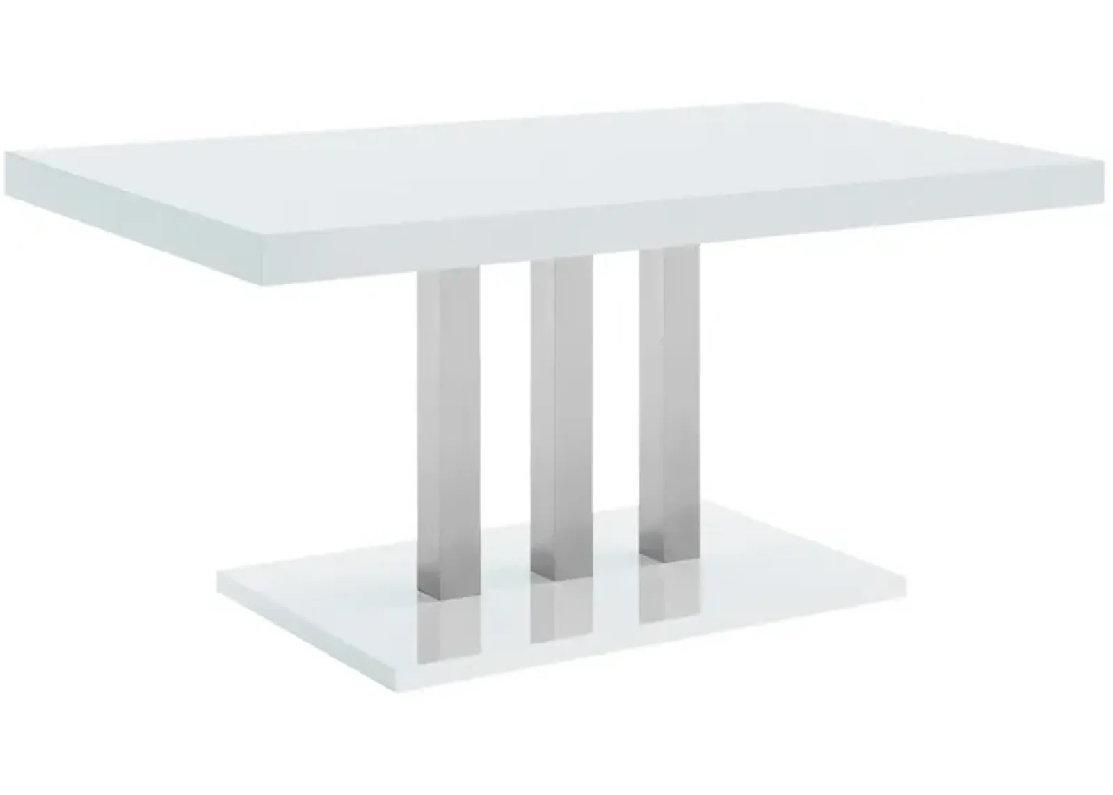 63 Inch Dining Table, White High Gloss Top, Trio Legs, Chrome Pedestal Base - Benzara