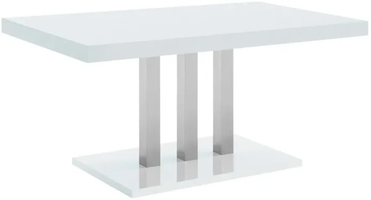 63 Inch Dining Table, White High Gloss Top, Trio Legs, Chrome Pedestal Base - Benzara