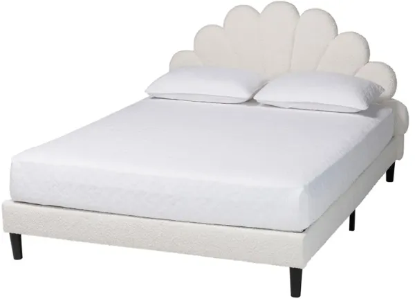 Baxton Studio Albion Boucle Upholstered Platform Bed – Soft Fabric Queen Size Bed Frame with Padded Headboard, Minimalist Design, Cream