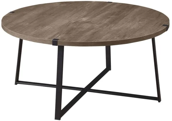 Mari Coffee Table, 36 Inch Round, Industrial Bracket Metal Base, Gray - Benzara