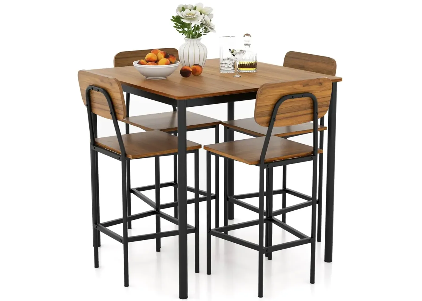 5 Pieces Industrial Dining Table Set with Counter Height Table and 4 Bar Stools-Dark Brown