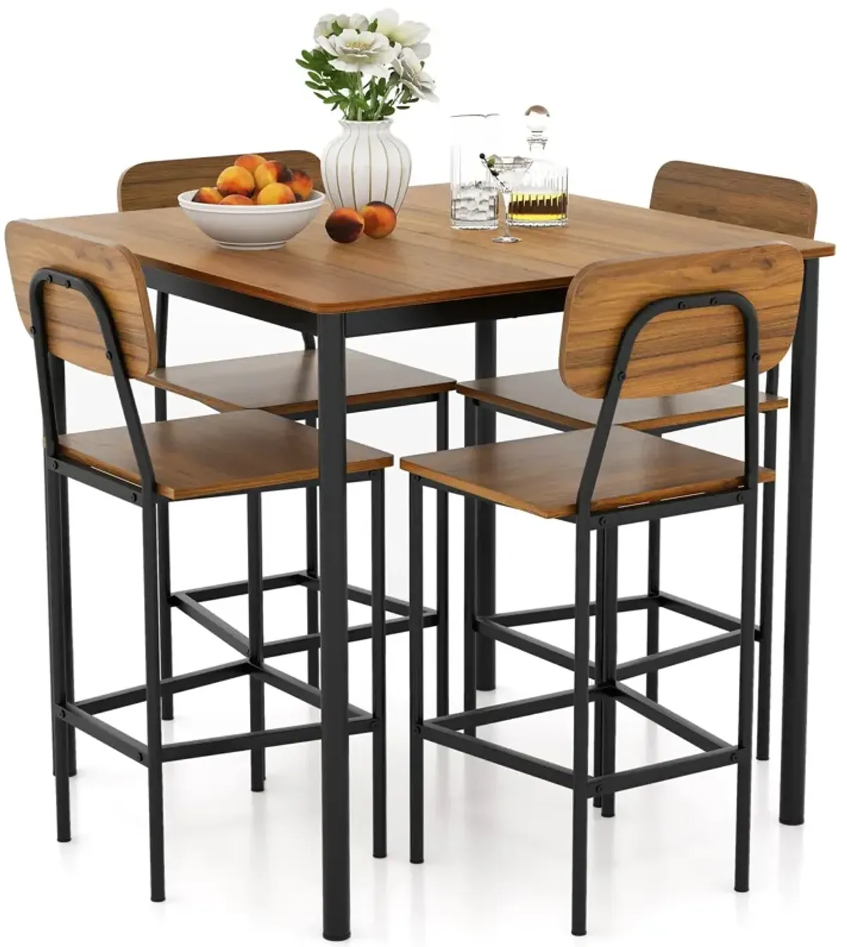 5 Pieces Industrial Dining Table Set with Counter Height Table and 4 Bar Stools-Dark Brown