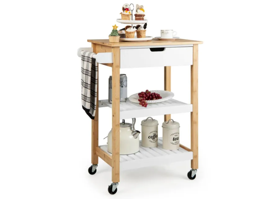 Hivvago 3-Tier Kitchen Island Cart Rolling Service Trolley with Bamboo Top